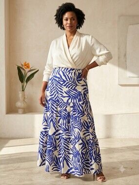 Primark Blue White Tropical Leaf Pattern Cotton Linen Blend Flowy Elastic Waist